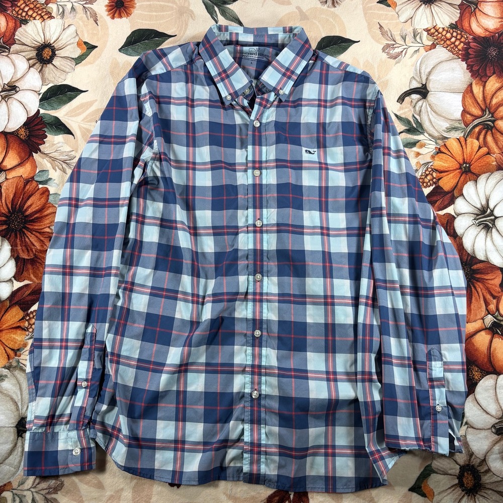 Vineyard Vines Performance Classic Fit Whale Shirt Mens L Blue Plaid Button Up